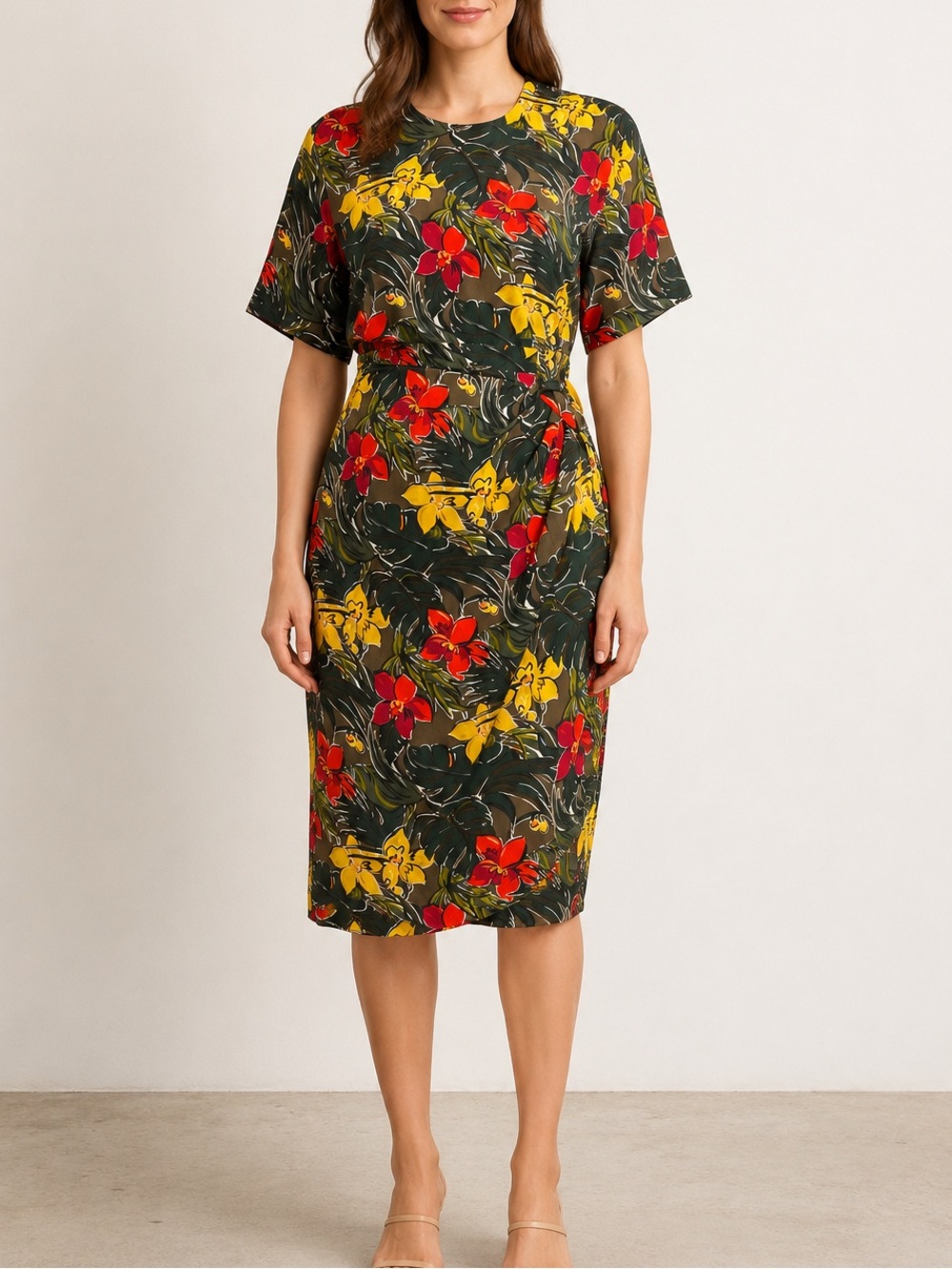 Gillian 100% Silk Tropical Floral Wrap Knee Length Dress Size 4 Vintage